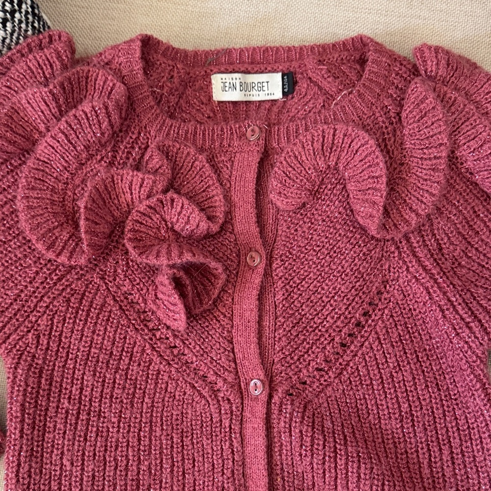Maison Jean Bourget Girls Ruffle Quality Knit Pink Mauve Cardigan Sweater Size 4